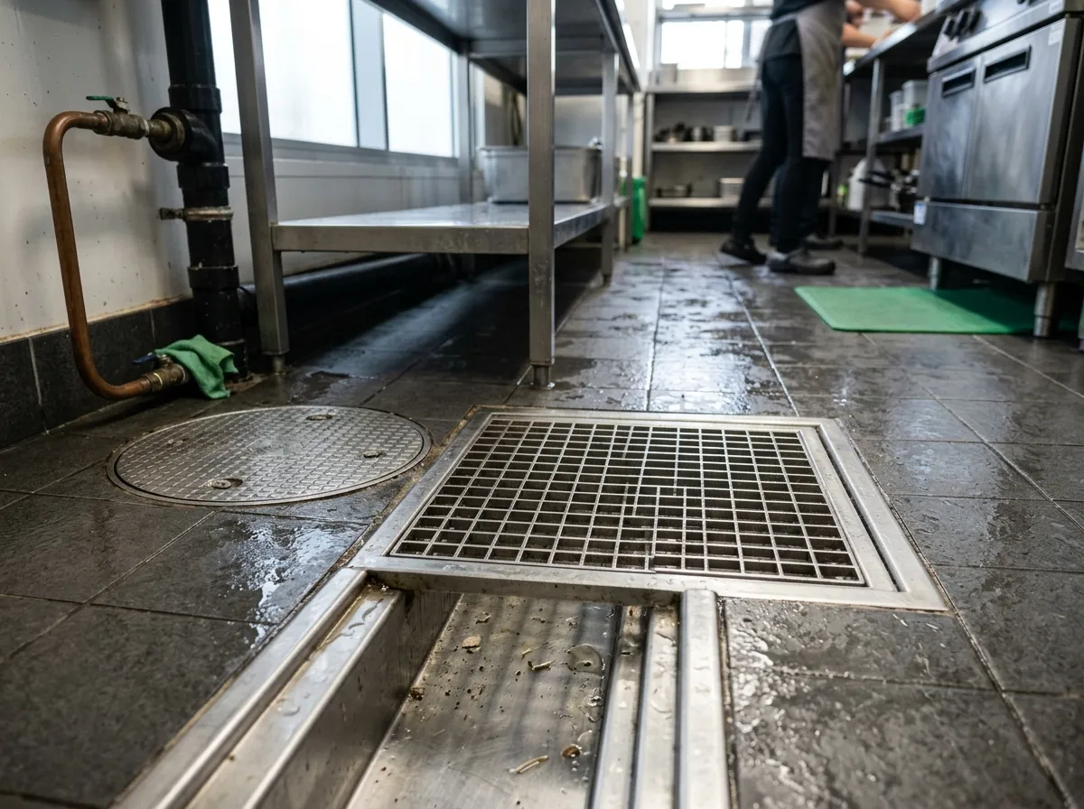 Close-up of a commercial kitchen floor drain and grease trap access grate